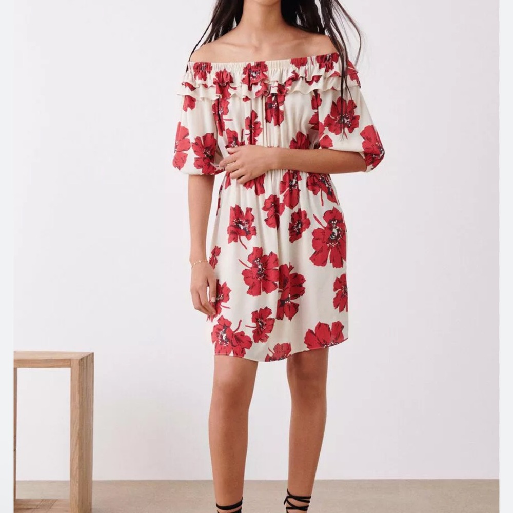 ba&sh Kiara Red Floral Print Off the Shoulder Mini Dress NWOT